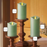 Matchless Candle Co. by Luminara Set of 3 (3" x 4.5",5.5",6.5") Flameless LED Flickering Battery Candle Moving Flame Pillar, Melted Edge, Real Wax Smooth Finish (Pastel Green)