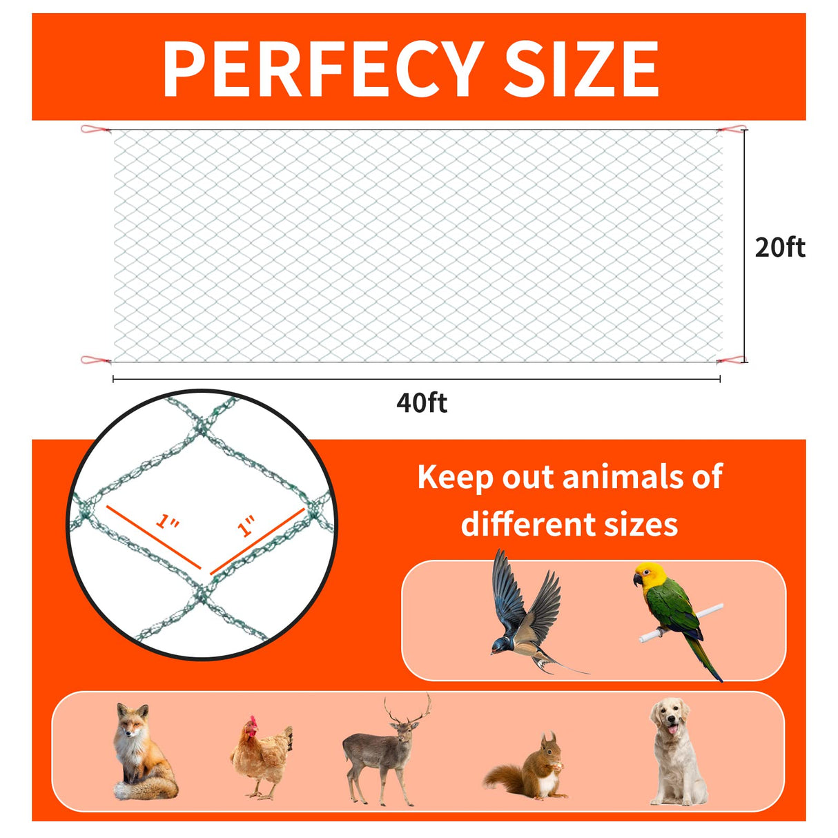 Bird Netting 20'x40' with 1" Square Mesh Bird Net Garden Netting for Chicken Coop, Aviary, Deer Fence, Chicken Netting Fruit Tree Netting