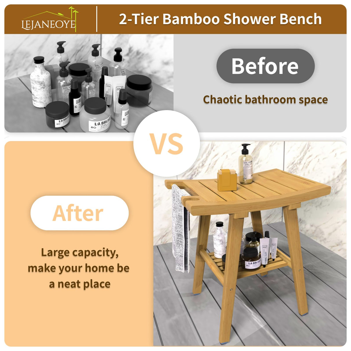 Bamboo Shower Bench Stool, Shower Chair for Inside Shower with 2-Tier Storage Shelf, Waterproof Shower Seat for Shaving Legs, Spa Bathroom Shower Bench for Senior Adult Disabled Elderly