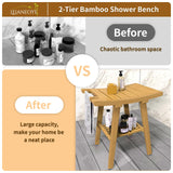 Bamboo Shower Bench Stool, Shower Chair for Inside Shower with 2-Tier Storage Shelf, Waterproof Shower Seat for Shaving Legs, Spa Bathroom Shower Bench for Senior Adult Disabled Elderly