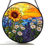 Argodaze Stained Glass Window Hanging - Sunflowers, Daisies, Lavender and Sunset 6.3 Inches Suncatcher for Garden Home Decor for Women Mom Grandma Friends