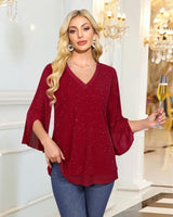 Timeson Womens Christmas Tops: Sparkly 3/4 Sleeve Night Out - Womens Blouses Dressy Casual - Fashion Fall Shirts Red Tunics Holiday Clothes Plus Size Date Outfits Fancy Festive Attire Loose Fit XL