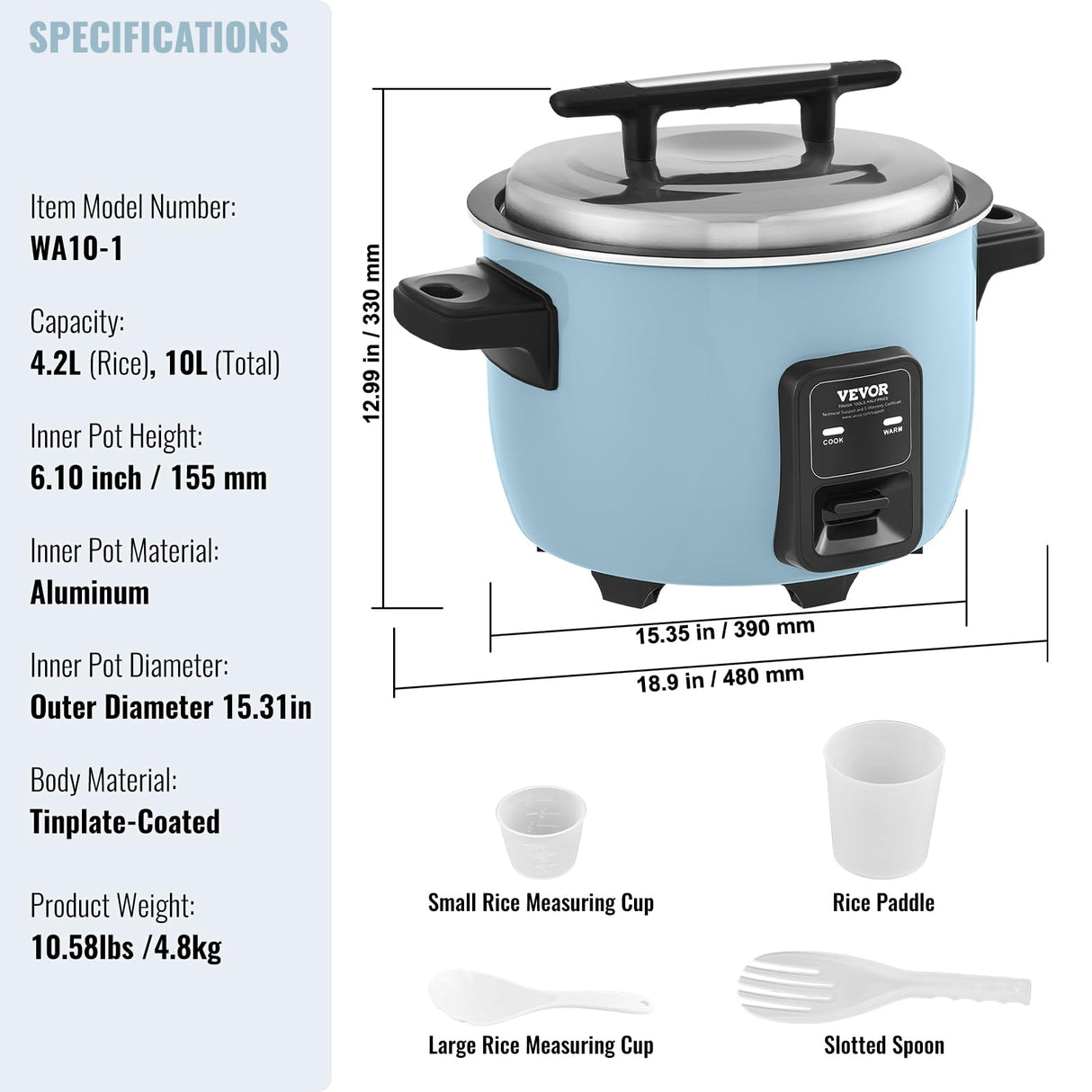 VEVOR Commercial Rice Cooker, 50-Cup Rice Cooker, 10.57 Qt / 10 Liter Large Rice Cooker and Warmer with Nonstick Inner Pot, Fast Cooking and 24-Hour Keep Warm, with Rice Cup and Paddle, for Restaurant