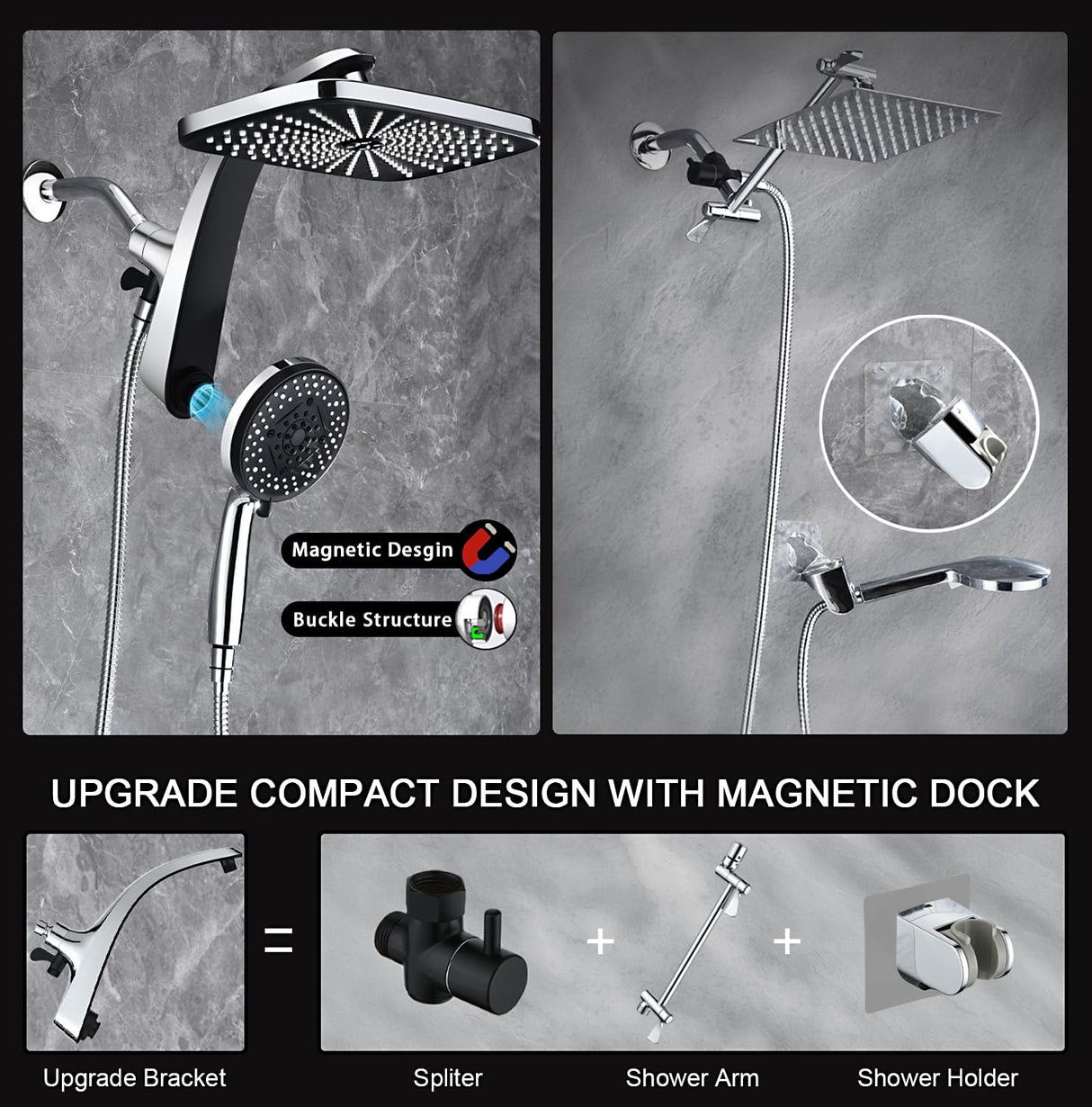 BOZYBO Rain Shower Head with Handheld: High Pressure Shower Heads with Handheld Spray Combo, 12" Rainfall Shower Head and 9 Sprays Hand Showerheads with Magnetic Docking and Power Jets, Chrome