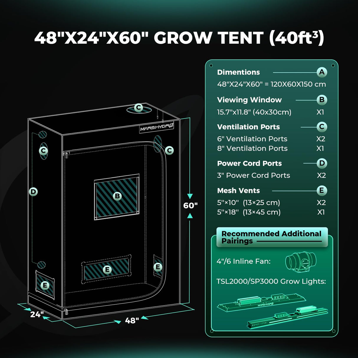 MARS HYDRO 4x2x6 Advanced Grow Tent, 48"x24"x71" High Reflective Mylar 1680D for Hydroponics Indoor Plant Growing, with Observation Window,Floor Tray and Smooth Zipper for TSL2000/SP3000