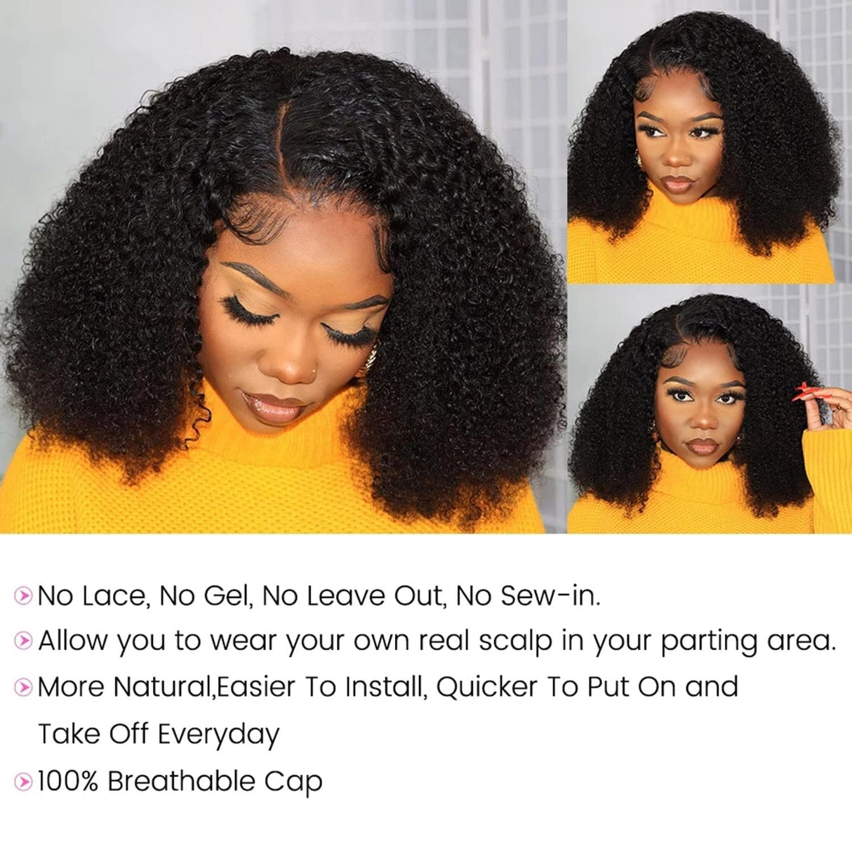 ISEE V Part Wig Human Hair Afro Curly Minimal/No Leave Out Upgrade U Part Wig for Black Women Human Hair V Shape Wig Kinky Curly Thin Part Glueless Clip In Half Wig 180% Density Natural Color 24 Inch