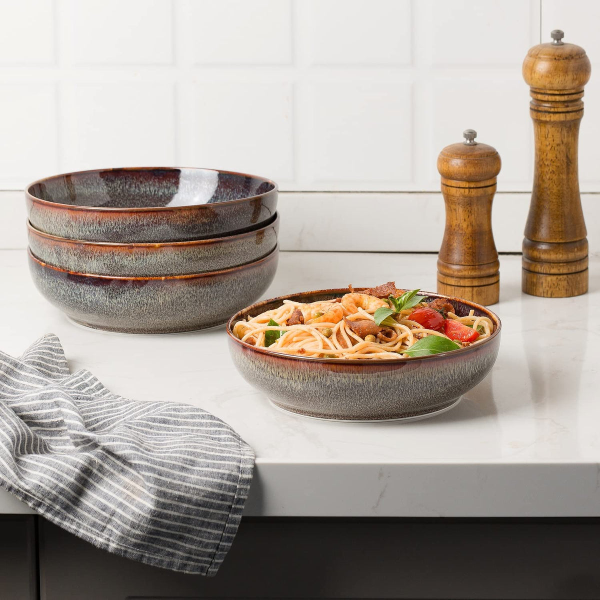 KYBSCZ 30oz Ceramic bowls set of 4-8" serving bowls for Kitchen,Pasta,Salad-Dishwasher & Microwave Safe Perfect for Housewarming, Thanksgiving, Christmas-Caramel Brown