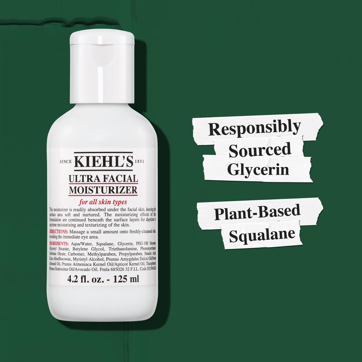Kiehl's Ultra Facial Moisturizer, for Easy Daily Hydration, Infused with Squalane and Glycerin, Replenishes Moisture Barrier and Softens Skin, Suitable for All Skin Types, Fragrance-Free - 8.4 fl oz