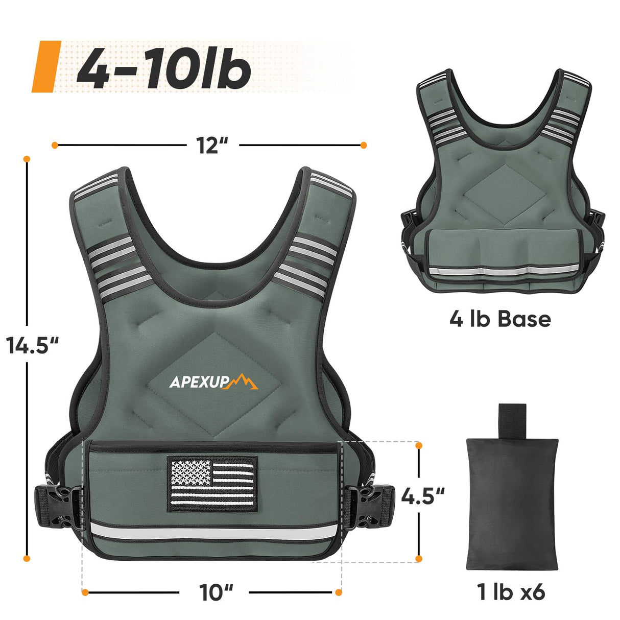 APEXUP Adjustable Weighted Vest, 4-10lb/12-18lb/20-32lb Vest with 6 Ironsand Weights and Large Pocket, Weight Vest for Men Women Strength Training, Running, Walking (4-10lb, Grey)