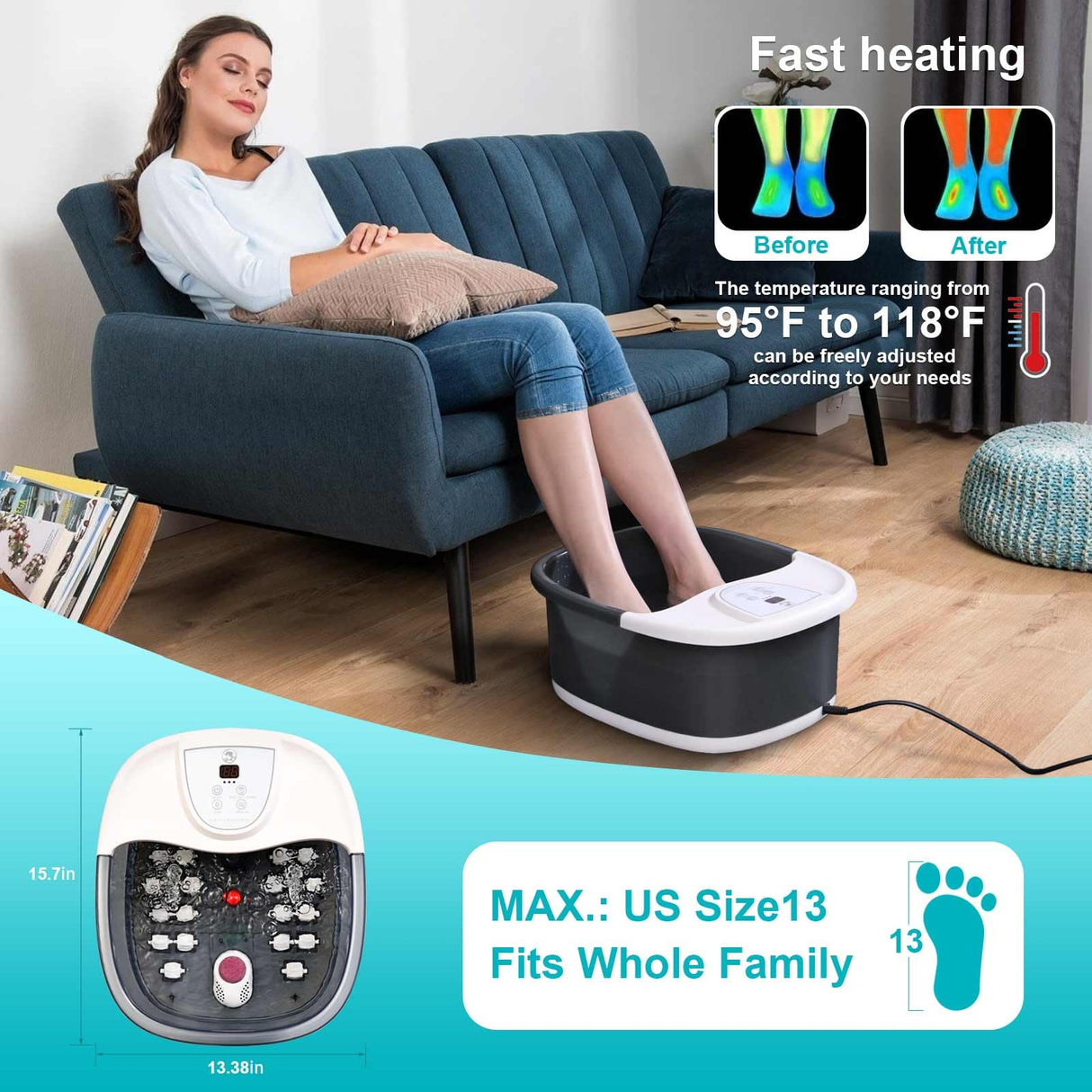 ECARBME Foot Spa Bath Massager with Heat [2025 Upgraded], Vibration, Temperature Control, Jets, Bubbles, Epsom Salt, Feet Massager with 22 Massage Rollers, Foot Bath for Relaxation, Large, Grey