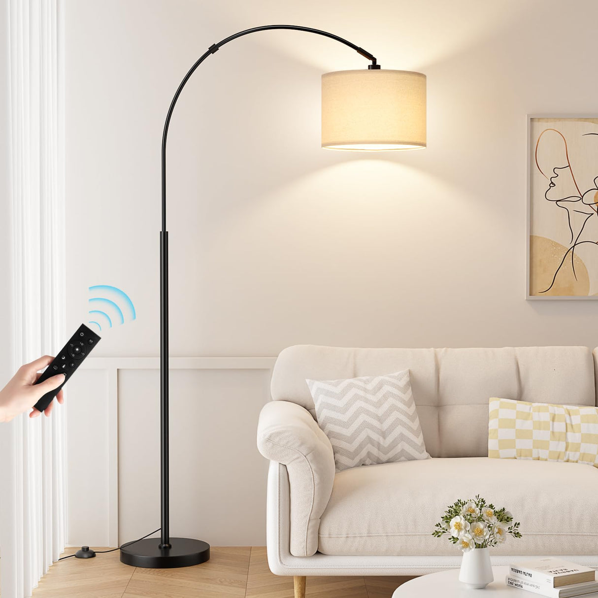 Ambimall 70 Dimmable Arc Floor Lamp with Remote, Color Temperatures and Brightness Adjustable, Arched Floor Lamp with Rotating Head, Over Couch Arched Light for Living Room (Deep Beige and Black)