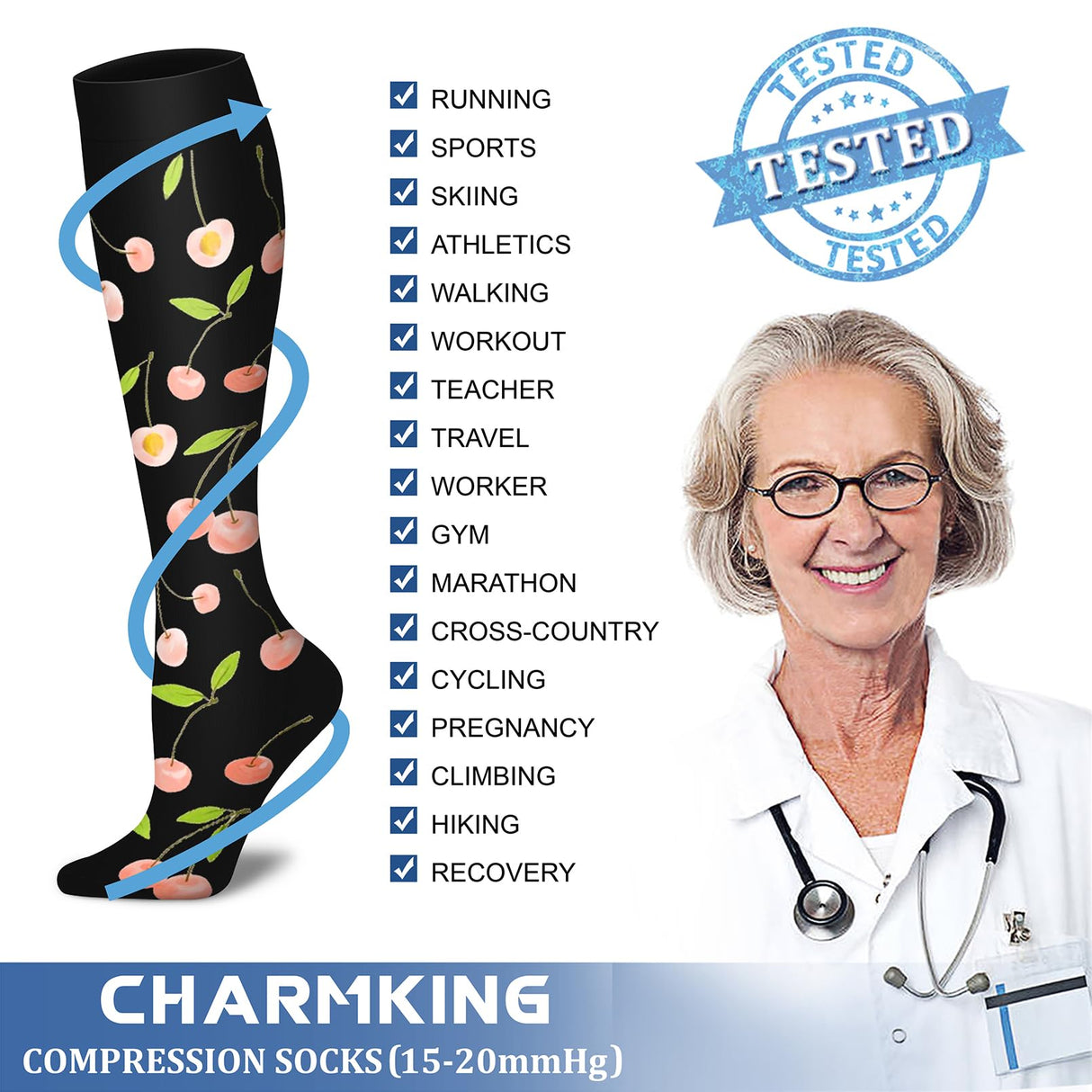 CHARMKING Compression Socks for Women & Men (8 Pairs) 15-20 mmHg Graduated Copper Support Socks are Best for Pregnant, Nurses - Boost Performance, Circulation, Knee High & Wide Calf (S/M, Multi 58)