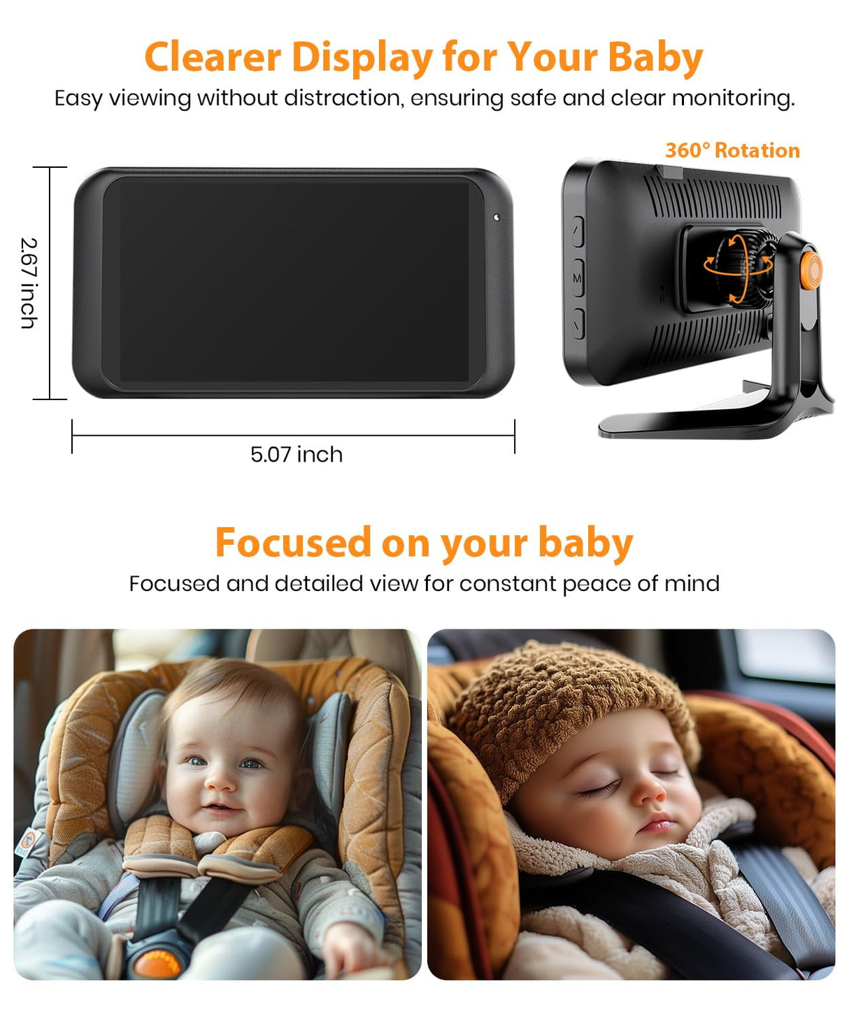 Babyvue USB Baby Car Camera Plug-Play, 4.5" 1080P Easy Setup Backseat Camera with Flexible 360 Rotation, Clear Picture Rear Facing Car Seat Baby Monitor