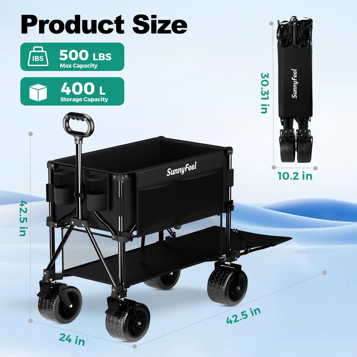 SUNNYFEEL 400L Large Capacity Double Decker Wagon with Tailgate