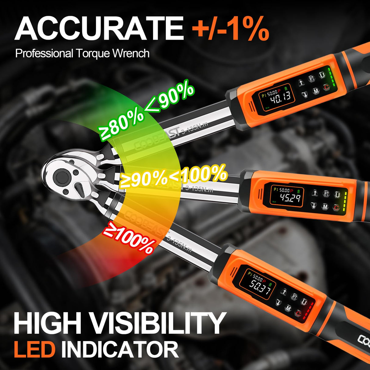 coobeast Digital Torque Wrench, 3/8 Drive Electronic Torque Wrench with Preset Value(1.5-99.5 Ft-lbs./2-135Nm), Buzzer and LED Flash Five Units of Measure for Bike Motorcycle Car