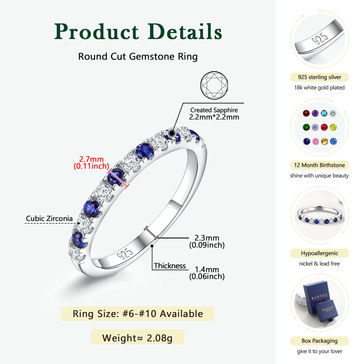 RANDES Blue Sapphire Eternity Rings for Women 925 Sterling Silver September Birthstone Ring Stackable Thin Sapphire Band Ring Size 7