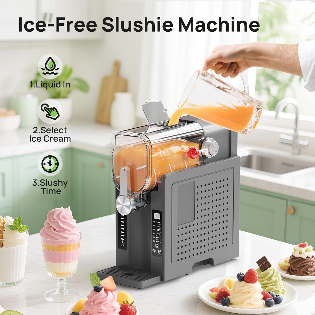 Slushie Machine No Ice Needed, Slushy Machine for Home, Frozen Drink Maker with 6 Preset Programs for Margaritas, Frappés, Milk Shake and More, LED Display, Auto Clean, Grey, 1 Pack+6 Modes