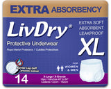 LivDry Adult XL Incontinence Underwear, Extra Absorbency Adult Diapers, Leak Protection, X-Large, 14-Pack