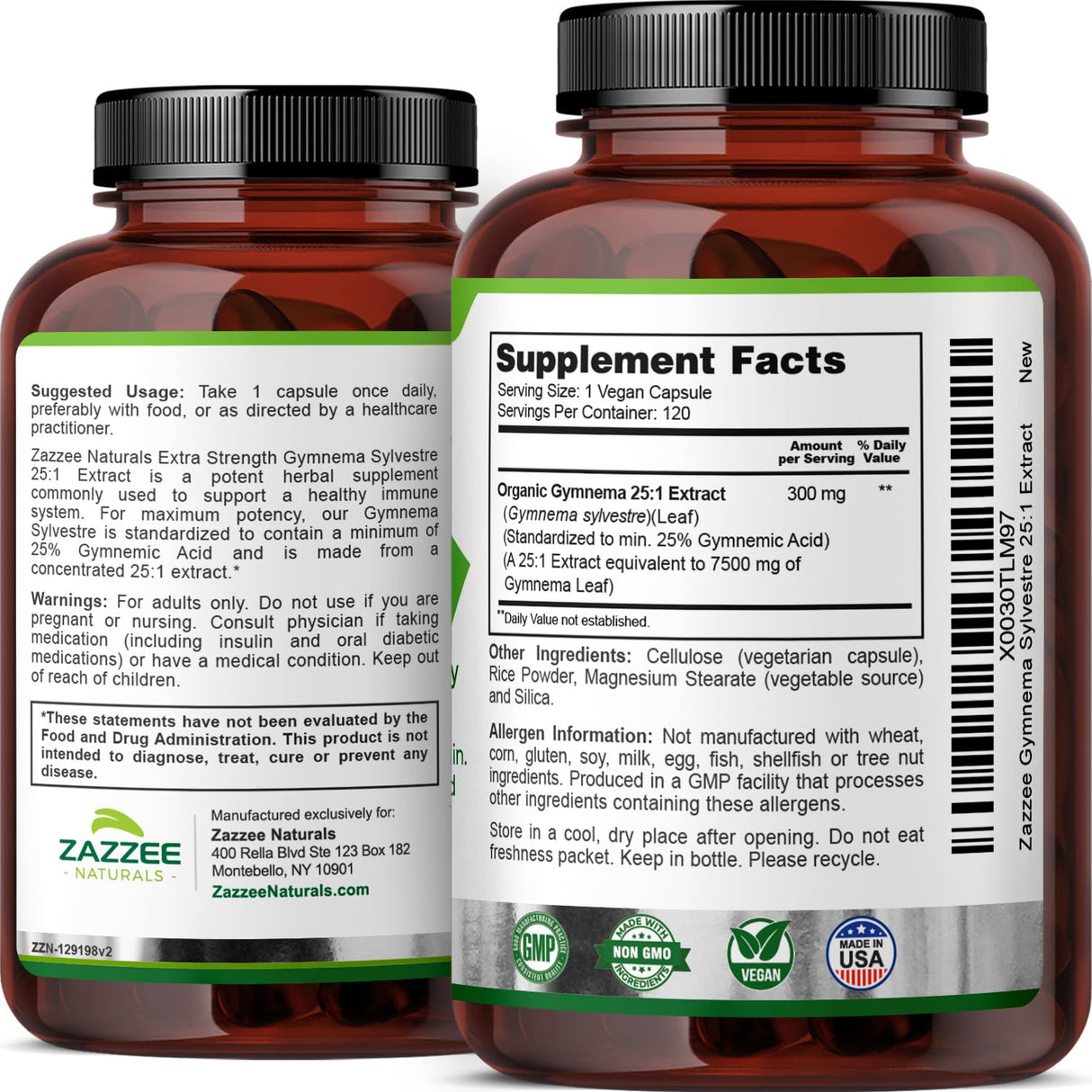 Zazzee Organic Gymnema Sylvestre 25:1 Extract, 7500 mg Strength, 25% Gymnemic Acid, 120 Vegan Capsules, 4 Month Supply, Standardized and Concentrated 25X Extract, All-Natural and Non-GMO