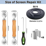 King&Charles Window Screen Door Repair/Replacement Kit, Include Black Screen Mesh 48"x118"+ 2 Roller+50Ft Spline+8Clips+Hook, 6 in 1 Window Mesh Kit, Steel/Nylon Bearing Roller