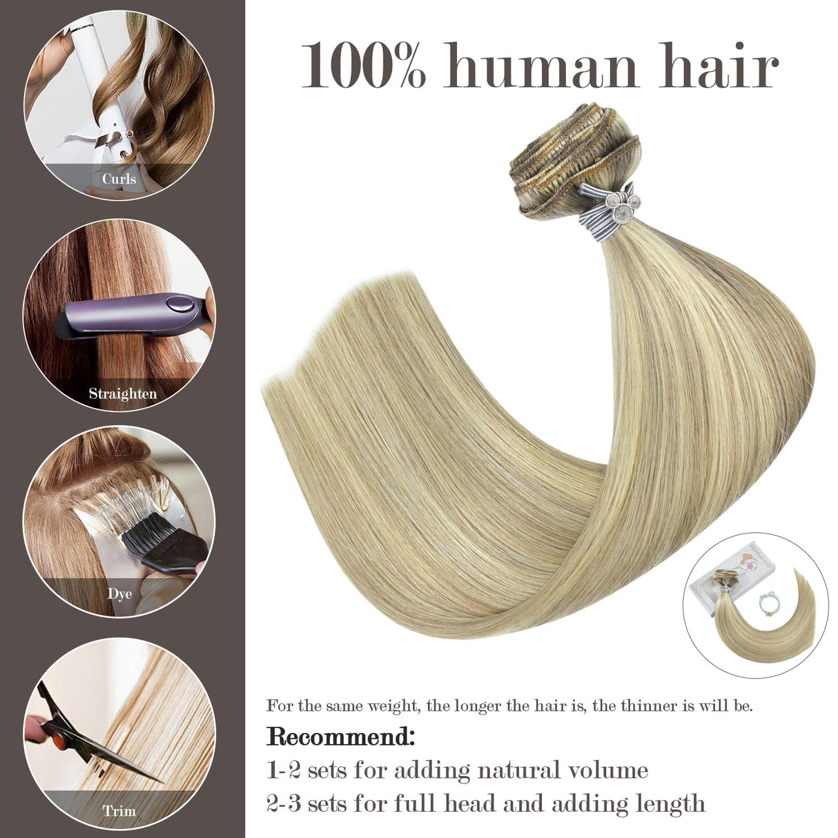Honsoo Clip In Virgin Hair Extensions 18inch 70g 7pcs Mixed Bleach Blonde Real Human Hair Extensions Balayage Straight Silky Real Human Hair