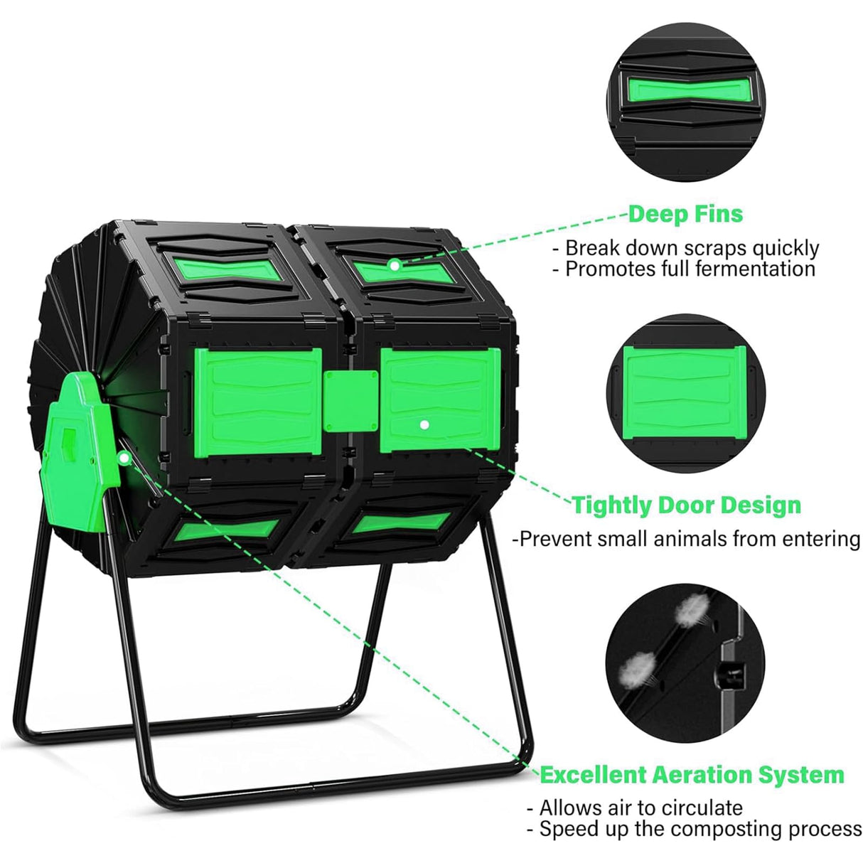 Compost Tumbler, Easy Assemble & Efficient Outdoor Compost Bin, 45 Gallon/170 Liter Large Dual Chamber Rotating Composter for Garden, Kitchen, and Yard Waste, Green Door