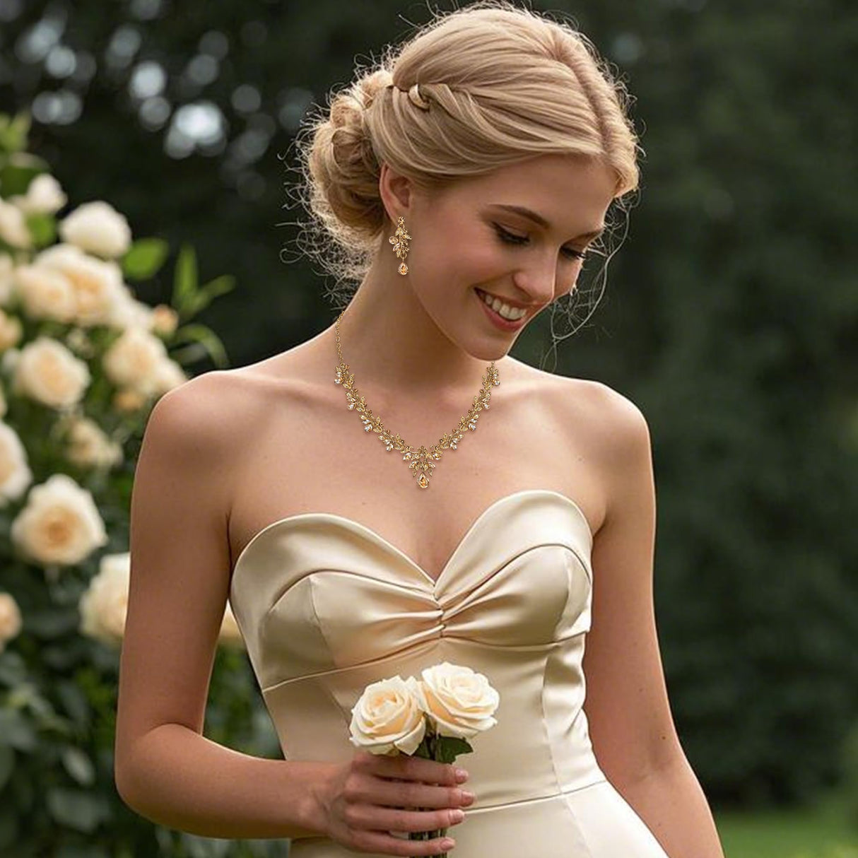 BriLove Women's Wedding Jewelry Set Leaf Flower for Bridal Prom Champagne