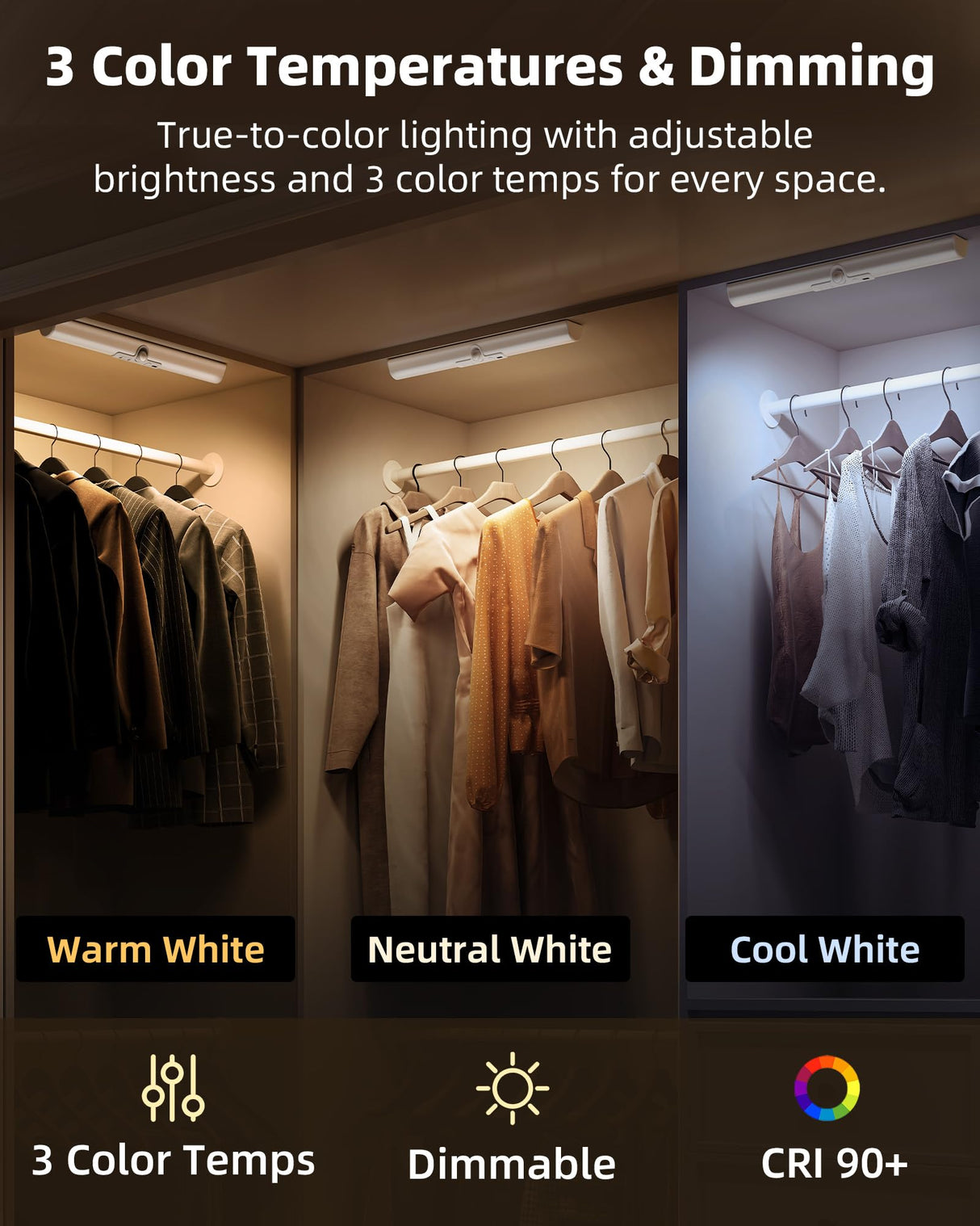 EZVALO 13-inch Motion Sensor Closet Lights, 2 Pack Rechargeable LED Lights with Rotatable Sensor, Glare-Free, 3 Color Temps & Dimmable, Magnetic Cabinet Lighting for Closet, Pantry, Stairs