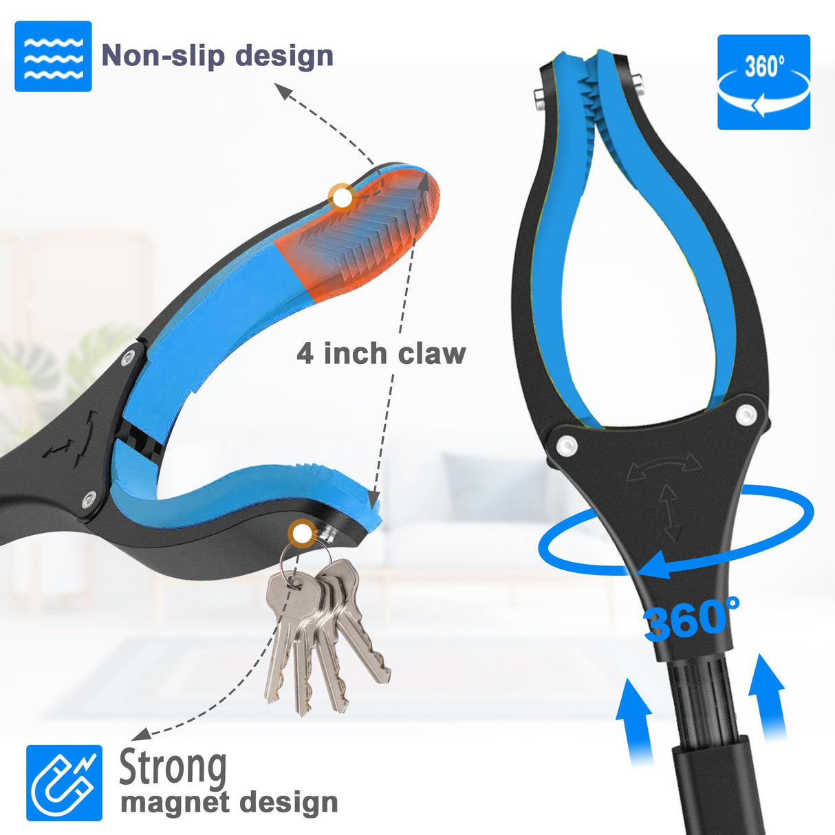 2-Pack Non-Folding Heavy Duty Grabber Pro | 32" Extra-Long Lightweight (0.65lbs) Magnetic Reacher Tool with 360° Claw, Anti-Slip Grip for Garage/Seniors/Contractors‌