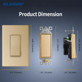 ELEGRP Matte Champagne Gold Single Pole Decorator Light Switch, 15A 120-277V, Paddle Rocker Switch, On/Off Wall Switch, Self-Grounding, Residential Grade, with Mid Wall Plate, UL/CUL, 2 Pack