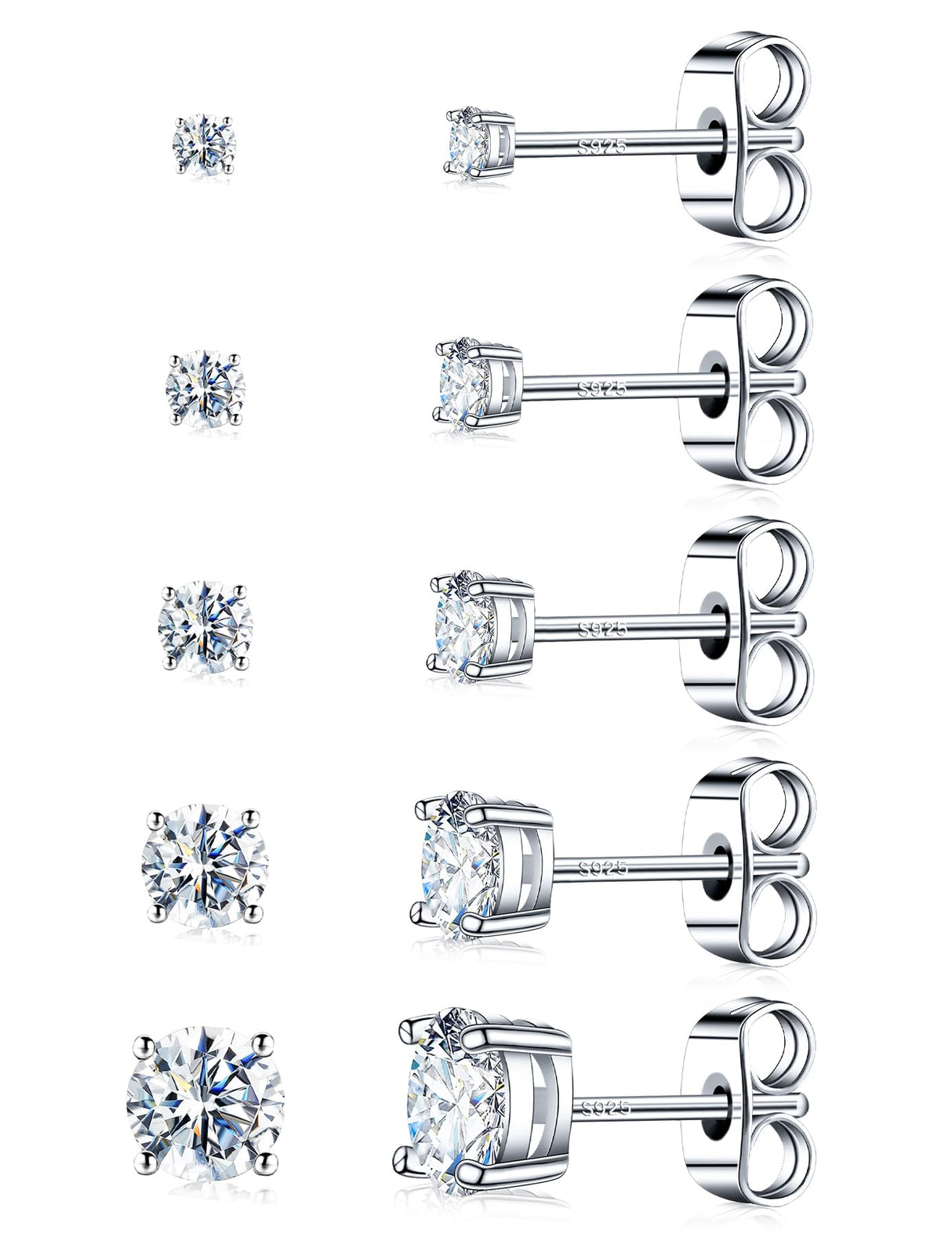 Kosuwo Moissanite Stud Earrings Set, 925 Sterling Silver, 18K White Gold Plated, Hypoallergenic, 5 Pairs, for Women and Men (18K White Gold)