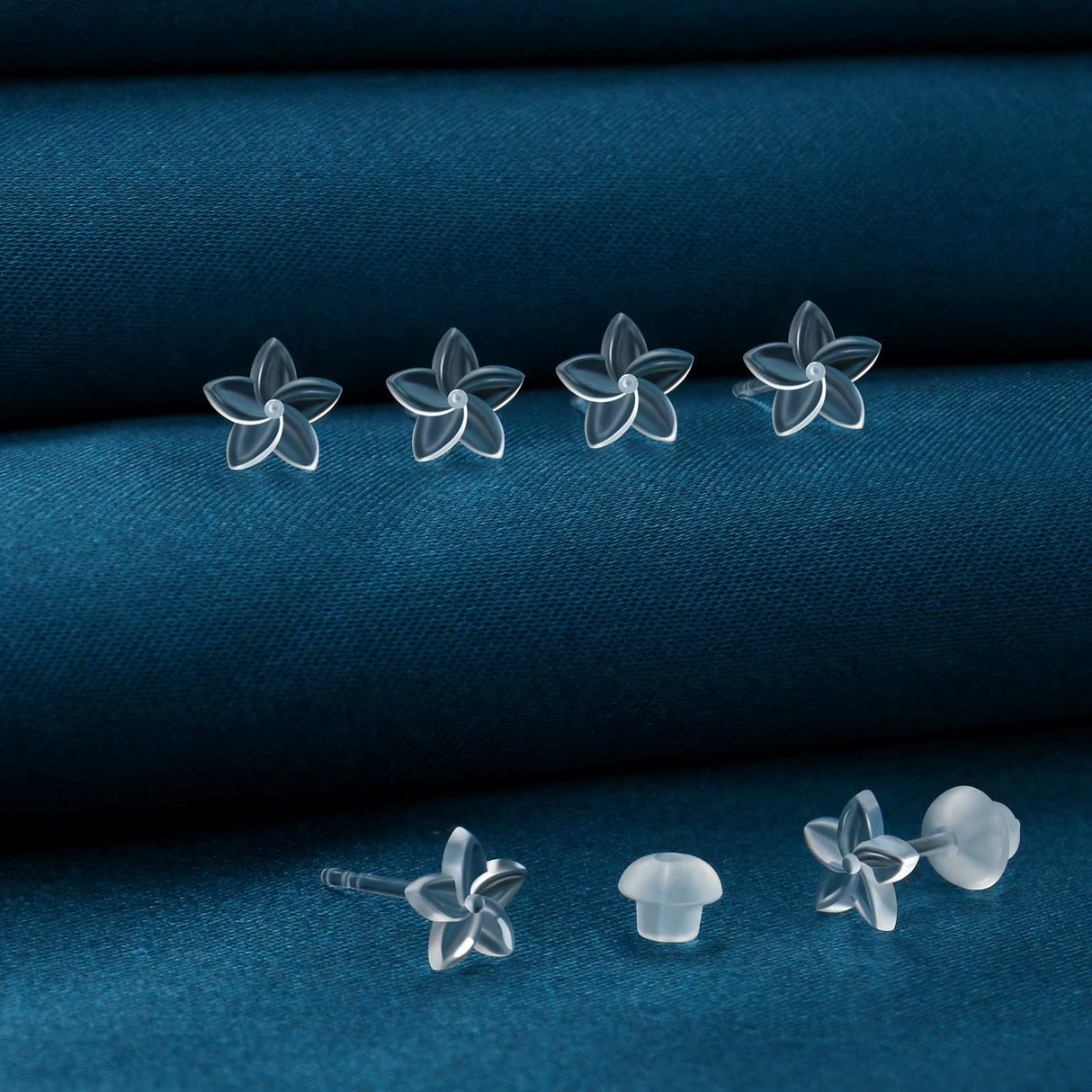 MRI Safe Clear Plastic Earrings for Surgery & Sports, Hypoallergenic Medical Grade Earrings for Sensitive Ears, 20G Silicone Retainer Studs for Women Men - 6 Pairs (Plumeria Flower Design)