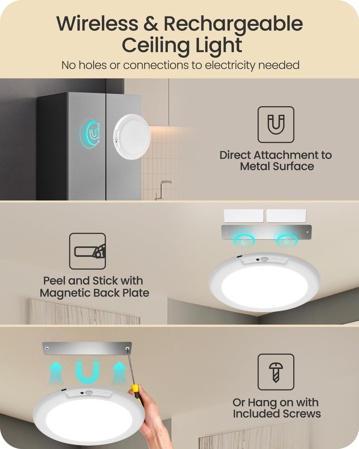 Rechargeable Motion Sensor Ceiling Light with Remote, Wireless Ceiling Light Battery Operated, No Wiring, Magnetic, Dimmable Shower Light, Timer, 3 Color 6000K, Rechargeable Light for Closet Hallway