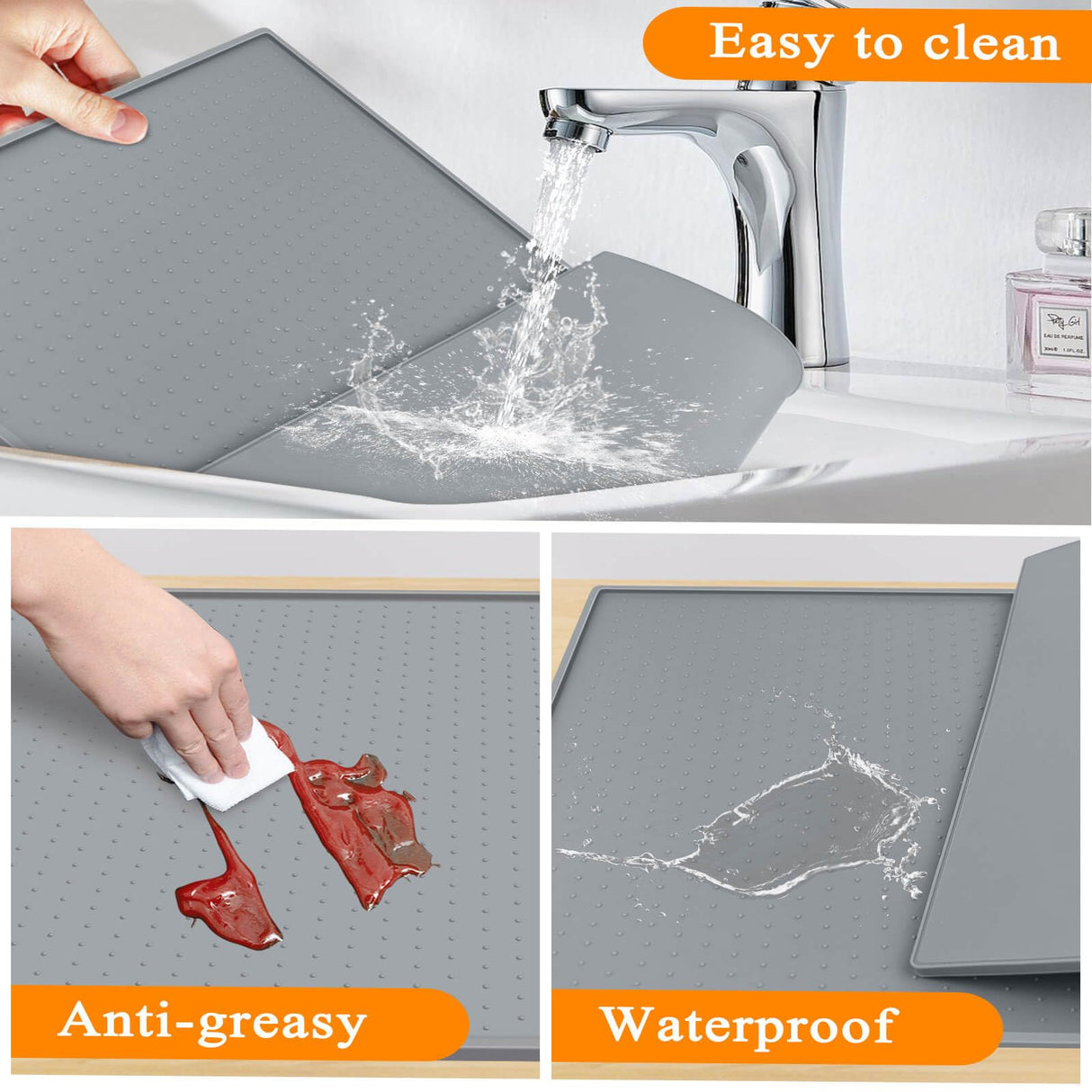Water Cooler Mat, 24'' x 16'' Non-Slip Water Dispenser Mat with Raised Edge, Waters Cooler Floor Tray for Bedrooms, Kitchens, Offices, Bars, Easy to Clean, Grey
