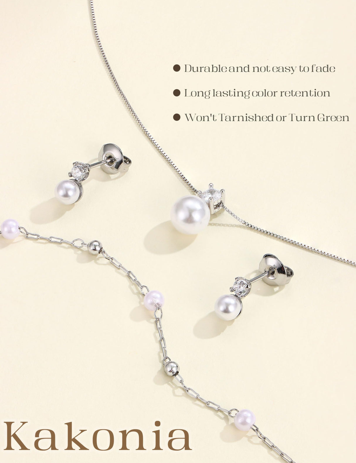 Kakonia Pearl Jewelry Set for Women Wedding, Dainty Silver Plated Bridal Necklace Pearl Drop Earrings Bracelet Set with Cubic Zirconia, Bridesmaid Prom Choker Wedding Bride Jewelry Pearls S