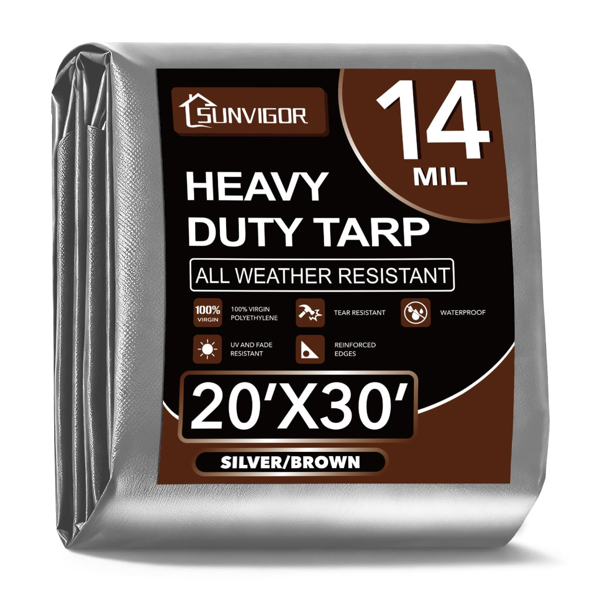 Sunvigor Tarp Waterproof 20x30Ft, Extra Thick 14 Mil Heavy Duty Tarp Cover, Tear & Fade Resistant, Outdoor Tarps with Brass Grommets and Reinforced Edges for Roof, Camping, Patio, Boat (Silver/Brown)