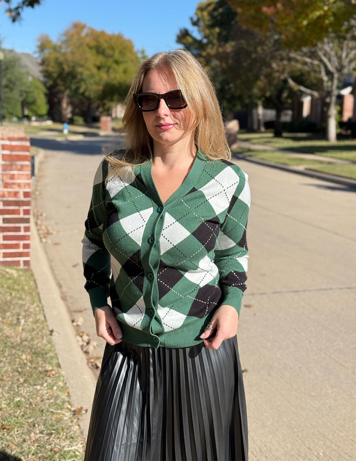 GRACE KARIN Button Up Cardigans for Women Vintage Long Sleeve Knit Cardigan Lightweight V Neck Sweaters Christmas Sweaters for Women (Green White,XL)