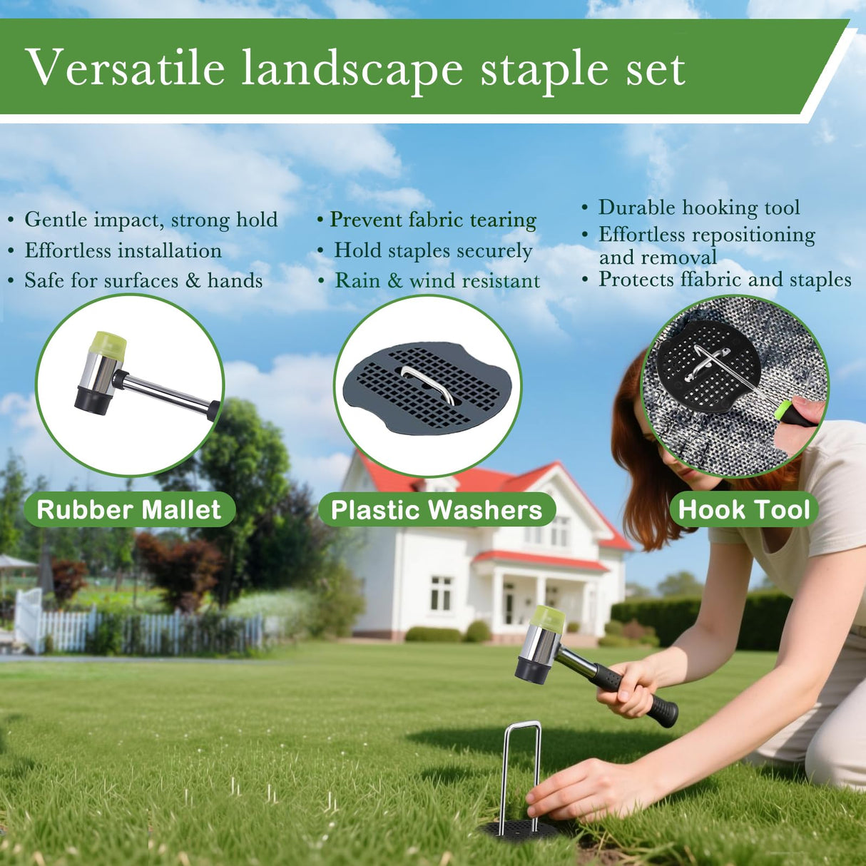 YACOO 6 Inch Landscape Staples Set, 11 Gauge Galvanized U-Shaped Garden Stakes (100 Pack) with 100 Gaskets, Hook Tool & Rubber Mallet for Weed Fabric & Landscaping