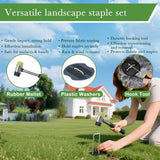 YACOO 6 Inch Landscape Staples Set, 11 Gauge Galvanized U-Shaped Garden Stakes (100 Pack) with 100 Gaskets, Hook Tool & Rubber Mallet for Weed Fabric & Landscaping