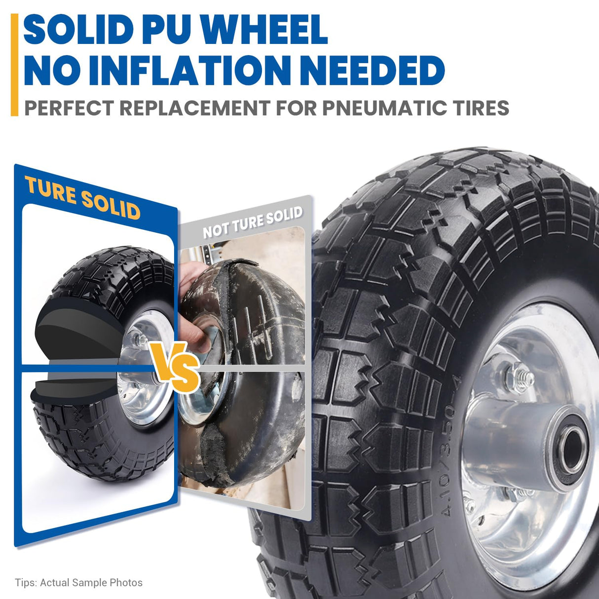 Hyssk 4.10/3.50-4'' Tire and Wheel flat free, 10" Heavy Duty Solid Replacement Tire with 5/8” Axle Bore and Steel Bearings for Gorilla Cart, Hand Truck, Garden Cart, Yard Wagon Cart(2 Pack)