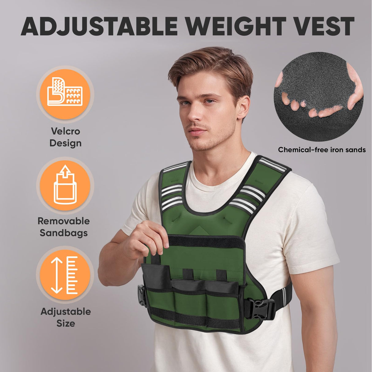 APEXUP Adjustable Weighted Vest, 4-10lb/12-18lb/20-32lb Vest with 6 Ironsand Weights and Large Pocket, Weight Vest for Men Women Strength Training, Running, Walking (12-18lb, Green)