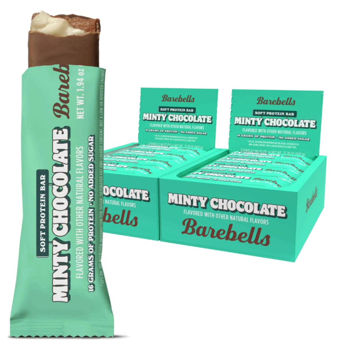 Barebells Soft Protein Bars Minty Chocolate - 24 Bars (2 Packs of 12) -16g High Protein Treats - Chocolate Nutrition Bar with 1g Total Sugars - On The Go Breakfast or Post-Workout Snack