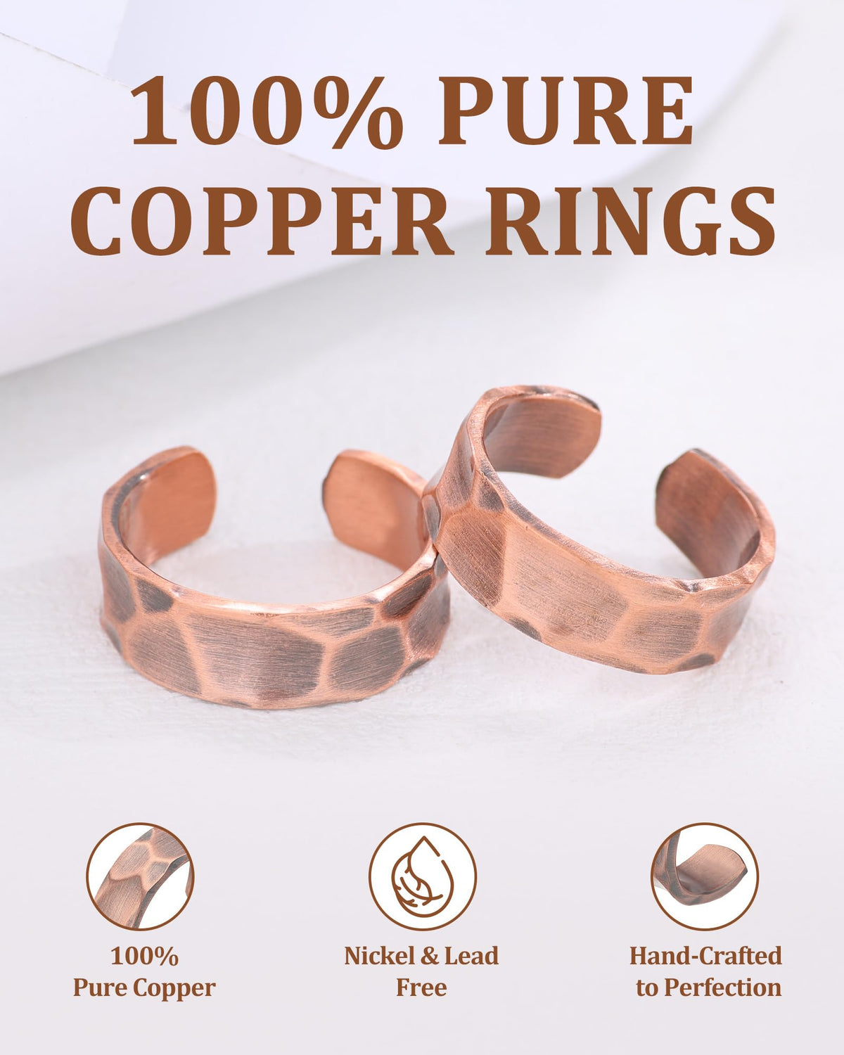 Fashtour 100% Pure Copper Rings, Two Pack Handmade Adjustable Rings