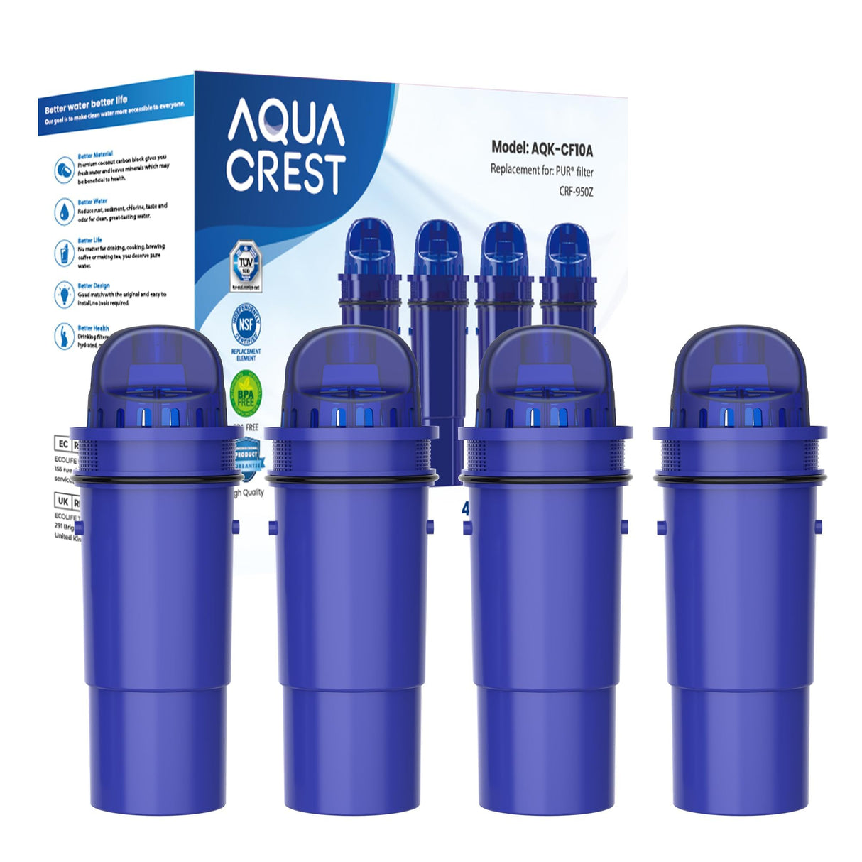 AQUA CREST CF10A Water Filter Replacement for Pur® Plus Pitcher Water Filter, CRF950Z, PPF951K, PPF900Z, PPT700, PPT111, CR1100, DS1800 and All Pur® Pitchers and Dispensers, NSF Certified, 4 Pack
