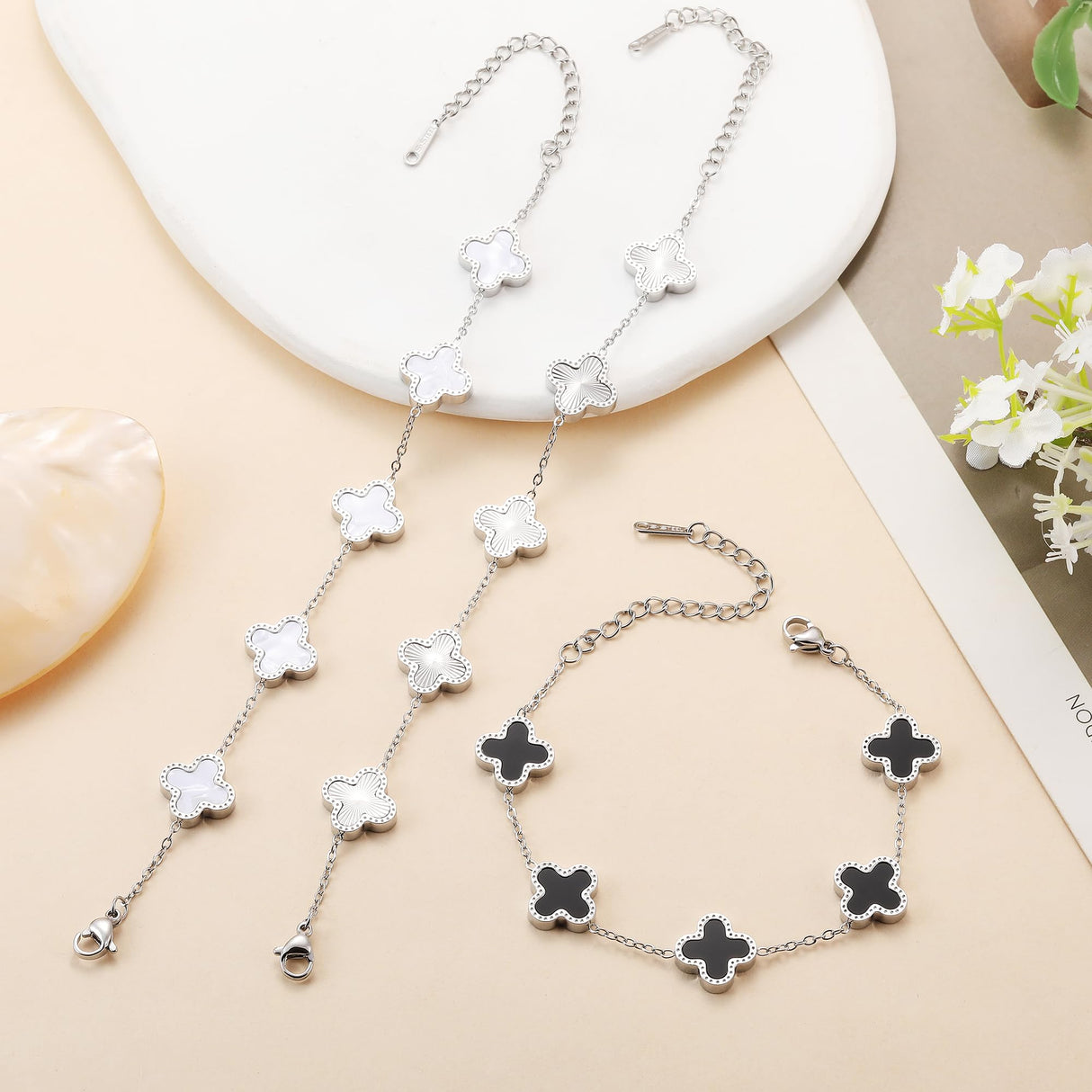 TICVRSS Silver Chain Bracelet Set Gold/White/Black Clover Bracelets for Women Four Leaf Lucky Bracelets Jewelry Gifts for Women 3Pcs