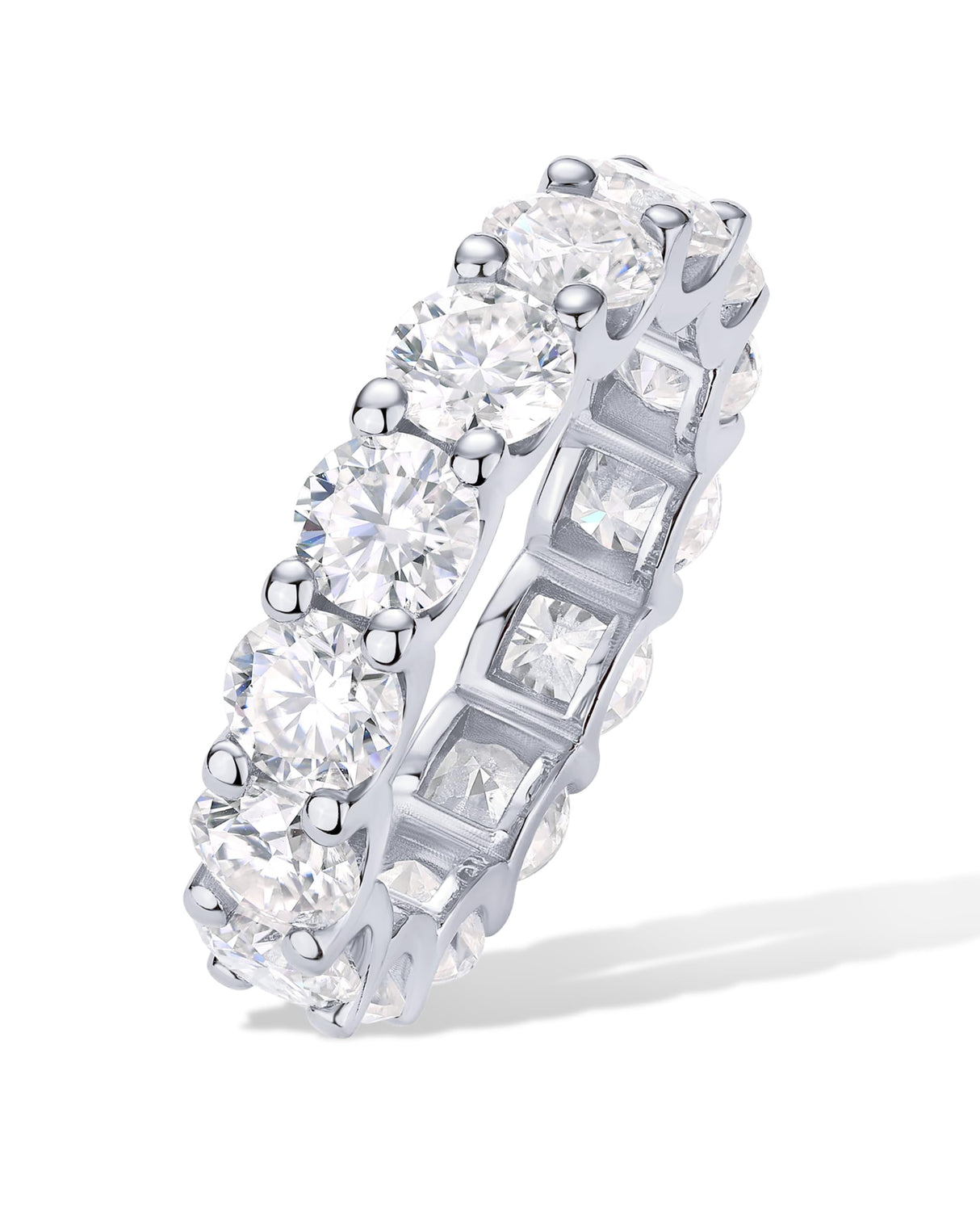 PAVOI Rhodium Plated Eternity Ring for Women | Statement Eternity Band Rings with Round Cubic Zirconia | Stackable Wedding Band | Love Engagement Trendy Bridal Jewelry - White, Size 7