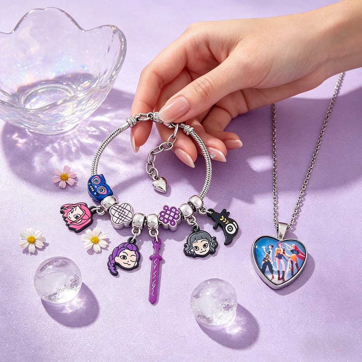 AmaAccess Kpop Charm Bracelet Merch Gifts, Adjustable Cartoon Bangle and Necklace Jewelry Set for Fans Women Christmas Birthday (Set1)