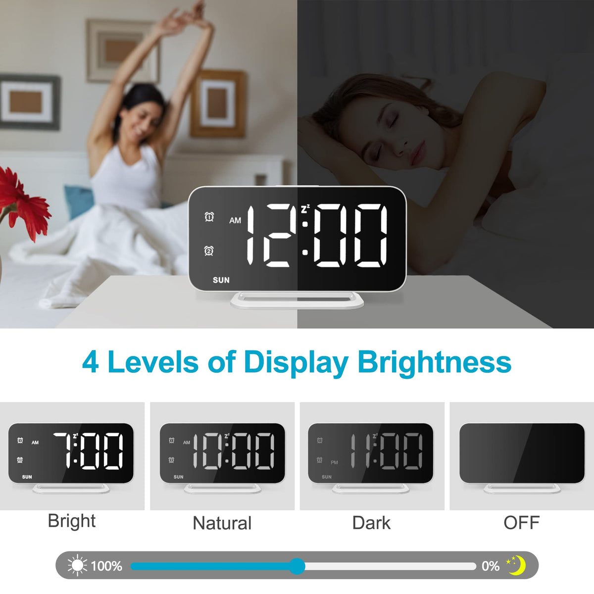 Slim LED Digital Alarm Clock, Mirror Surface for Makeup, with Diming, Large Display, Easy Setting, USB Charger Ports, Modern Bedroom, Desk, Office Living Room Decor, Christmas Birthday for Women Girl