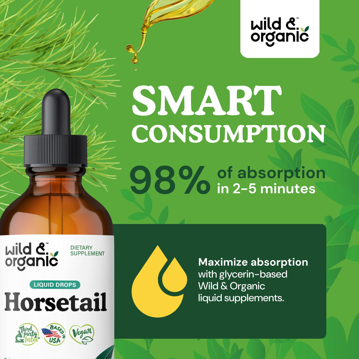 Wild & Organic Horsetail Herb Tincture - Hair Skin and Nails Support - Liquid Horsetail Supplement - Vegan, Sugar & Alcohol-Free Leaf Extract Drops - 4 fl oz