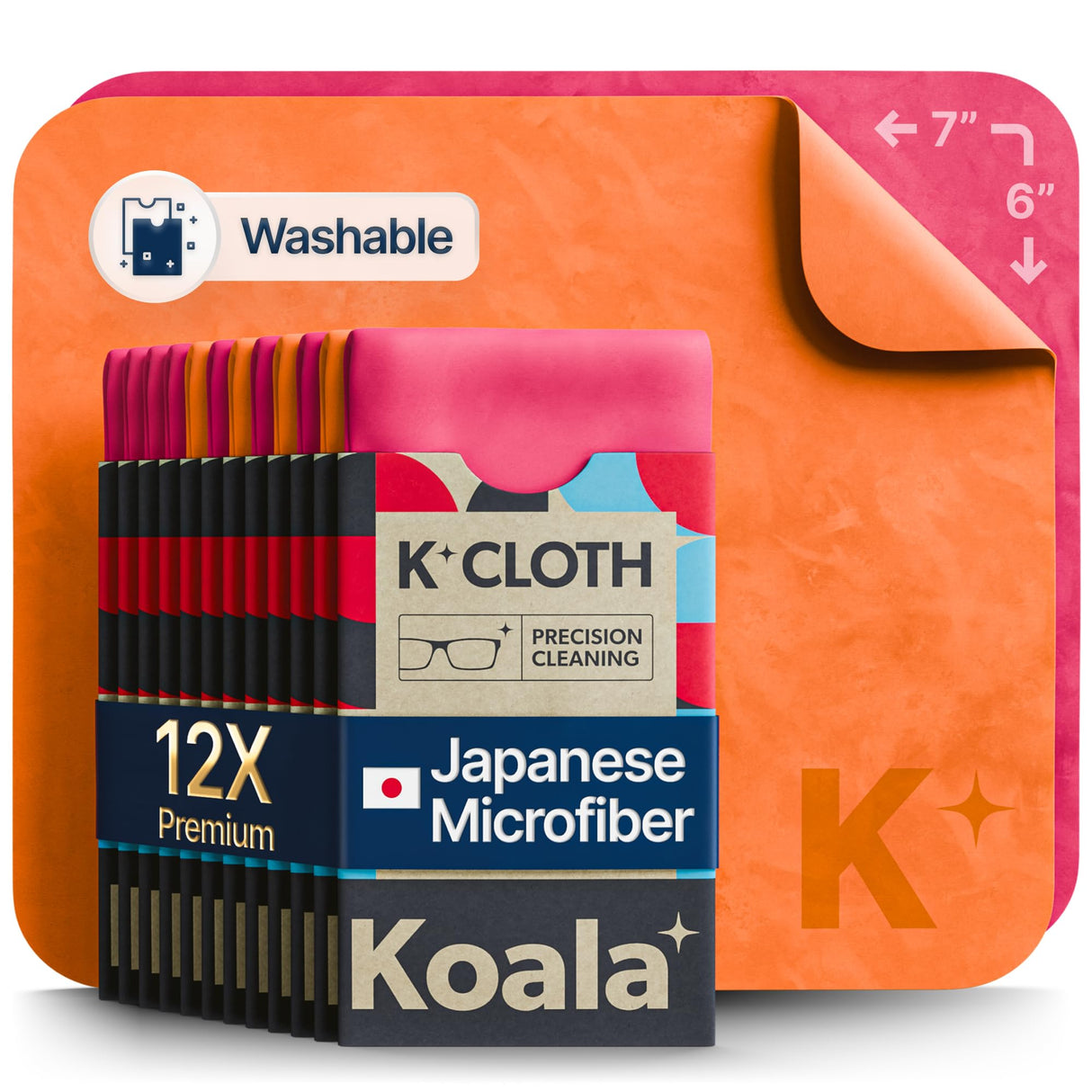 Koala Lens Cleaning Cloth | Japanese Microfiber | Glasses Cleaning Cloths | Eyeglass Lens Cleaner | Eyeglasses, Camera, VR/AR Headset, and Screen Cleaner | Pink & Orange (Pack of 12)
